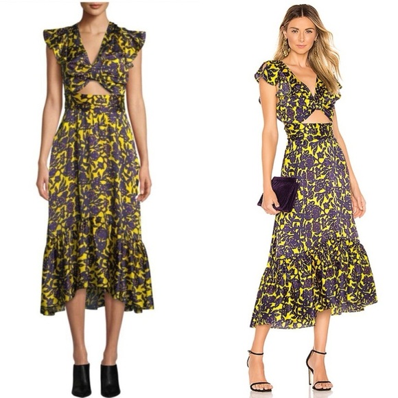 A.L.C. Dresses & Skirts - A.L.C. Valencia Yellow Purple Floral Silk Cut-Out Midi Dress Size 2